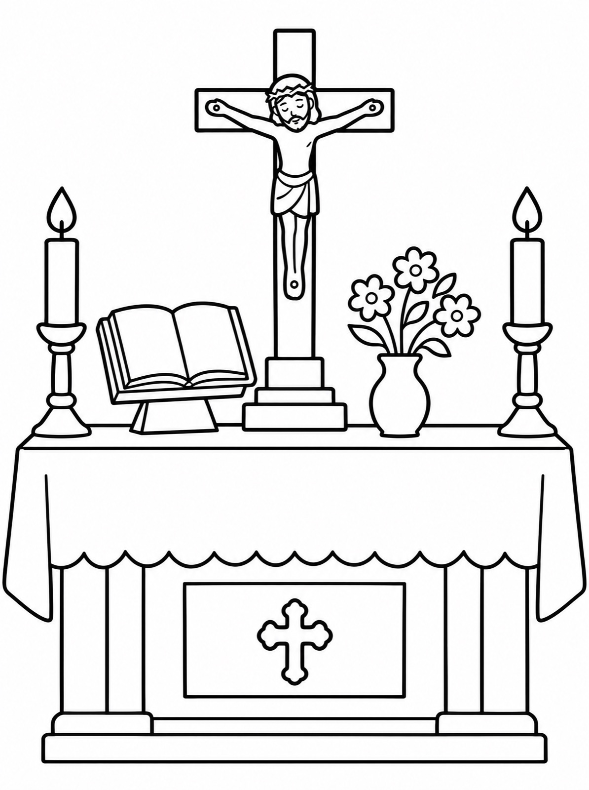 Coloring page of an altar with candles and a crucifix