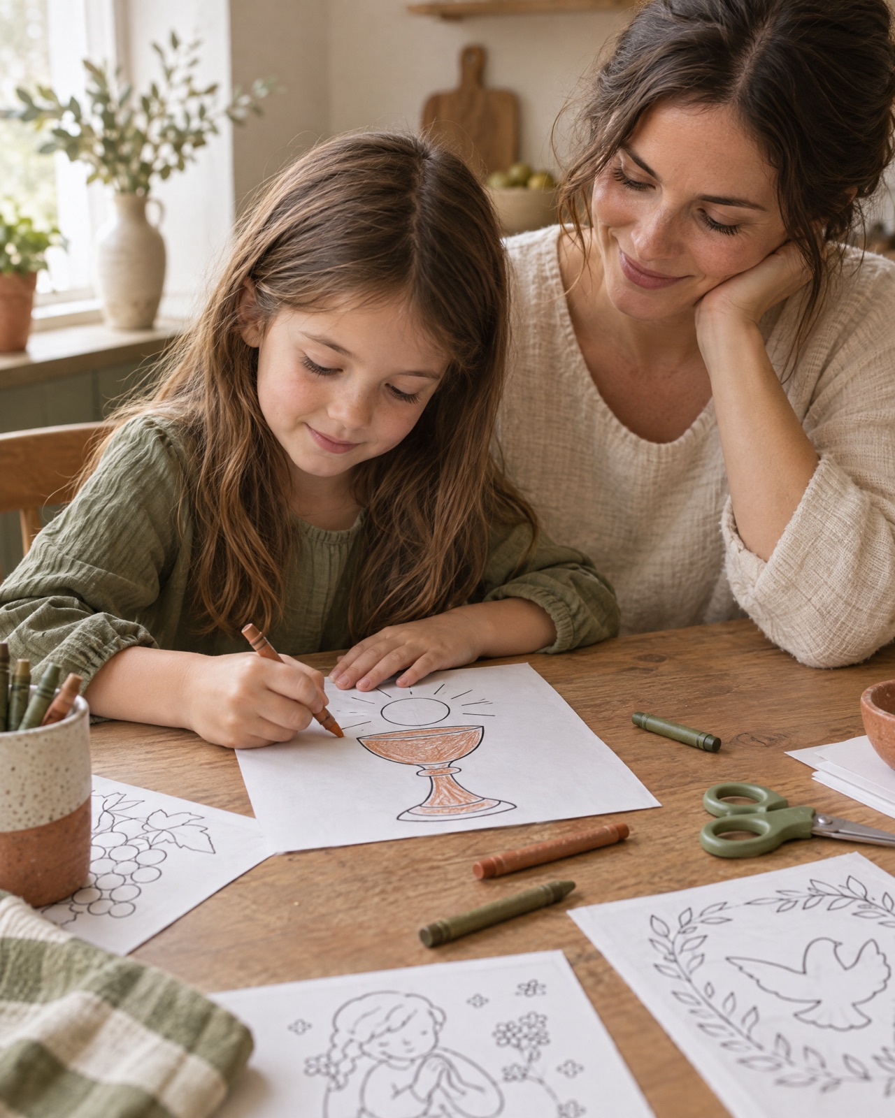 A girl coloring a chalice page with her mother at the kitchen table