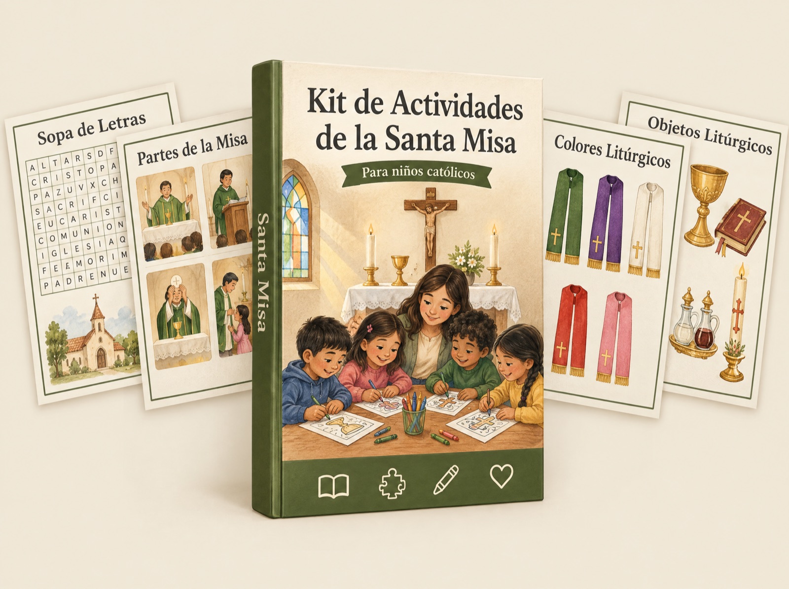 Portada del Kit de Actividades de la Santa Misa con páginas de muestra: sopa de letras, partes de la Misa, colores y objetos litúrgicos