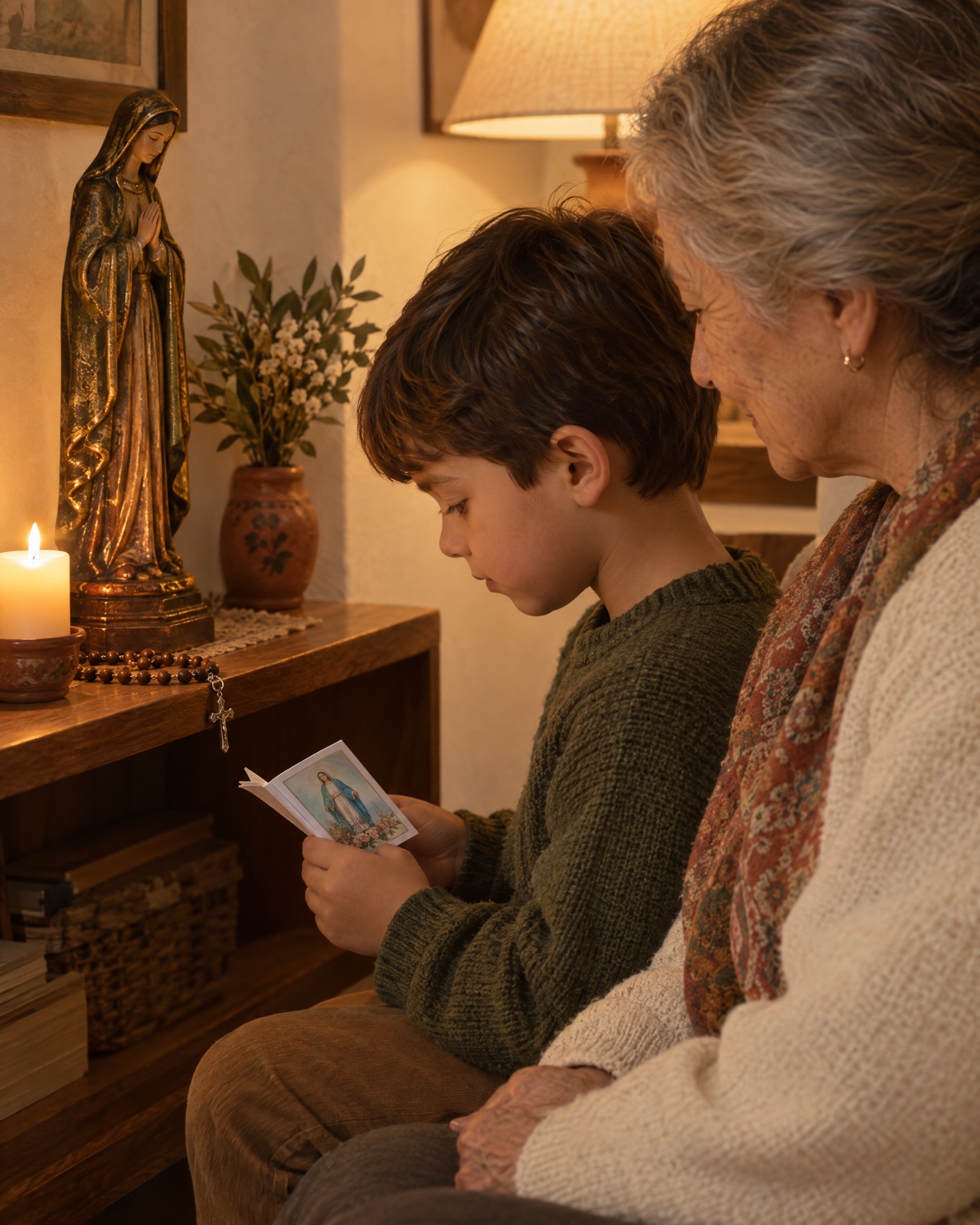 A boy and his grandmother with a printed booklet at a home prayer corner