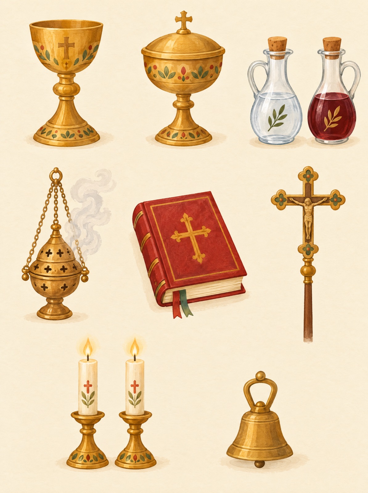 Illustrated chalice, ciborium, cruets, censer, missal and bell