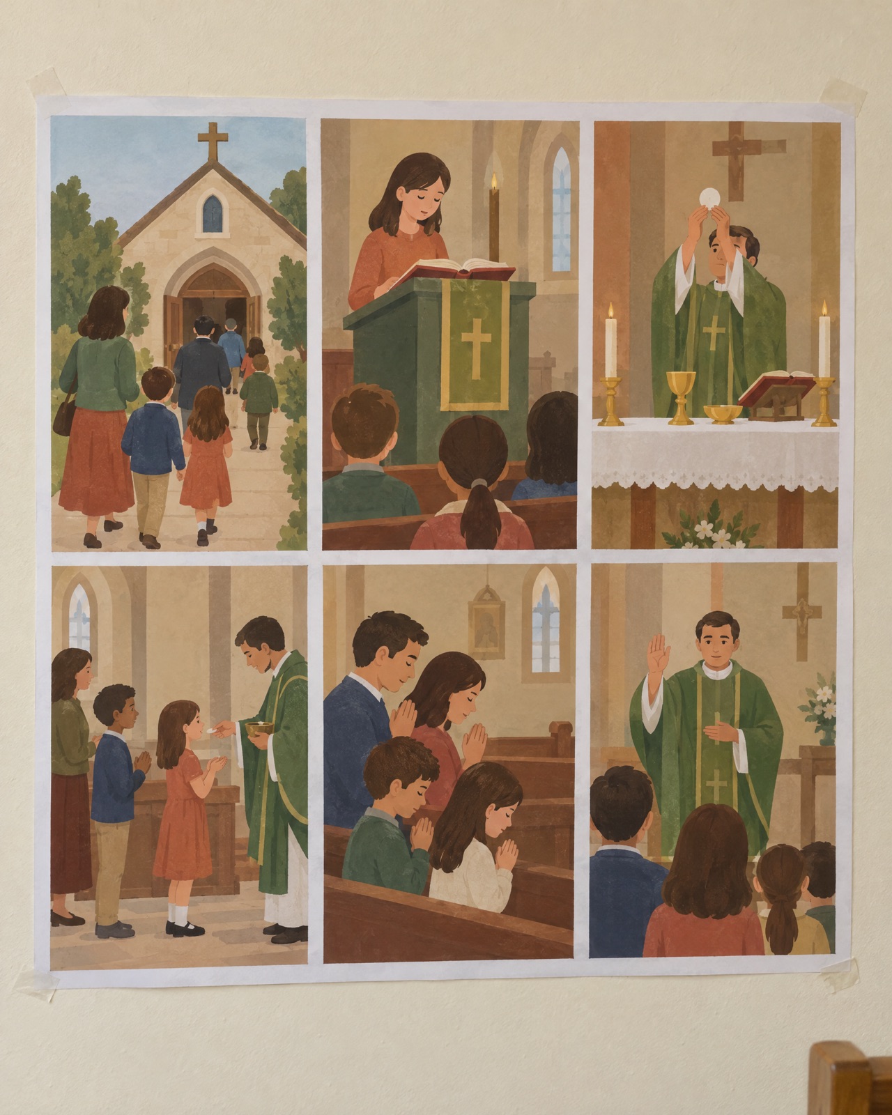 Illustrated poster with the parts of the Mass in six scenes